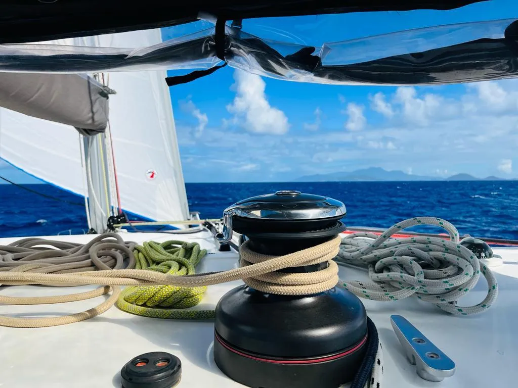 Deck of Belle, a Lagoon 450 Sport catamaran at Alameda, United States
