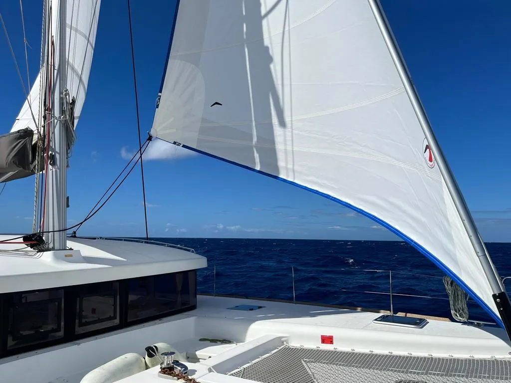 Deck of Belle, a Lagoon 450 Sport catamaran at Alameda, United States