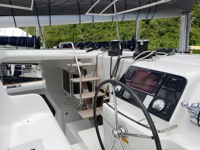 Cockpit of Belle, a Lagoon 450 Sport catamaran at Alameda, United States