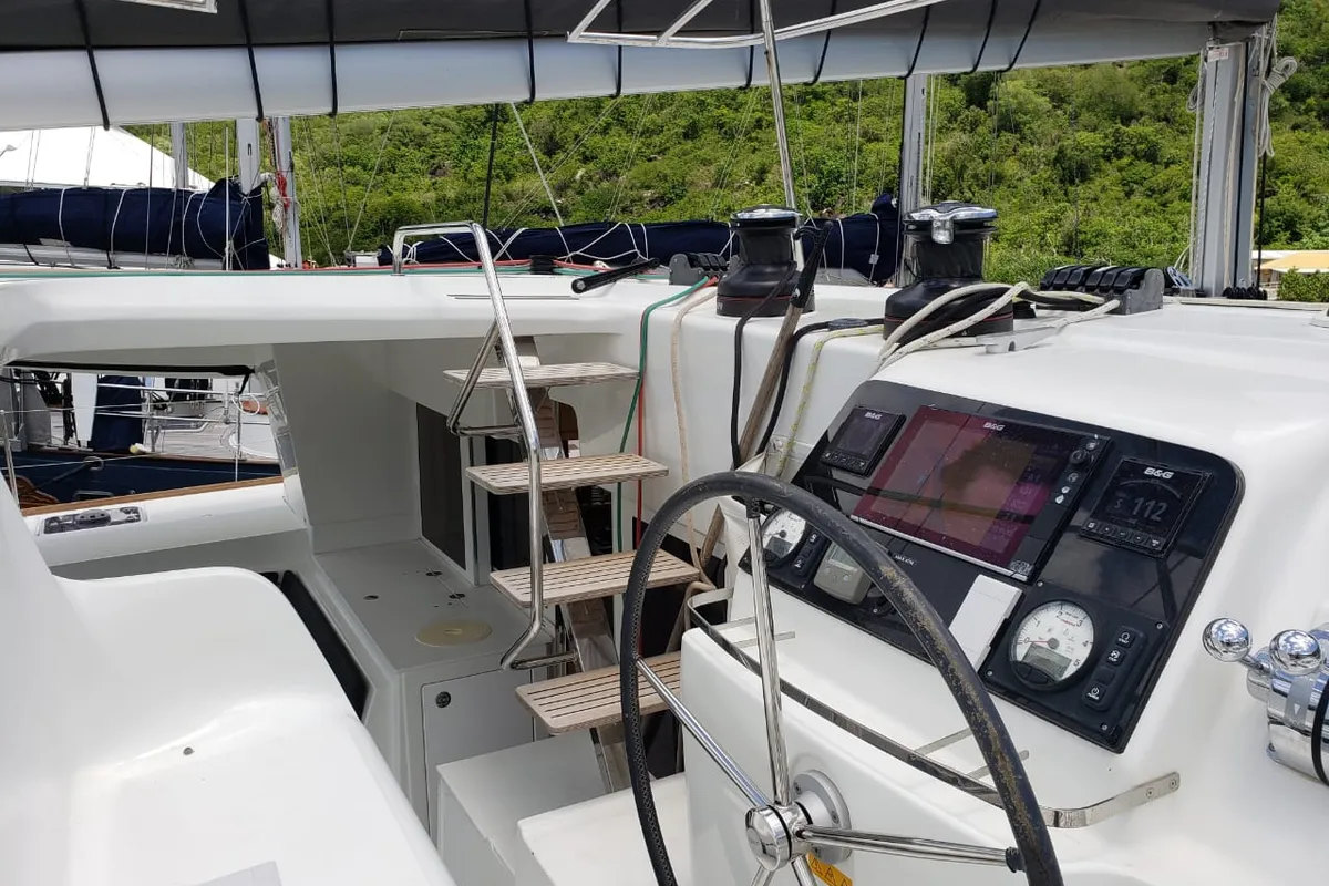 Cockpit of Belle, a Lagoon 450 Sport catamaran at Alameda, United States