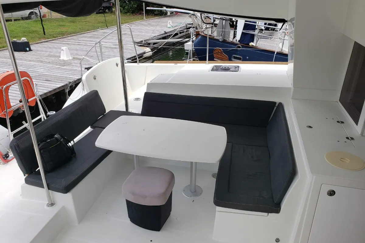 Deck of Belle, a Lagoon 450 Sport catamaran at Alameda, United States
