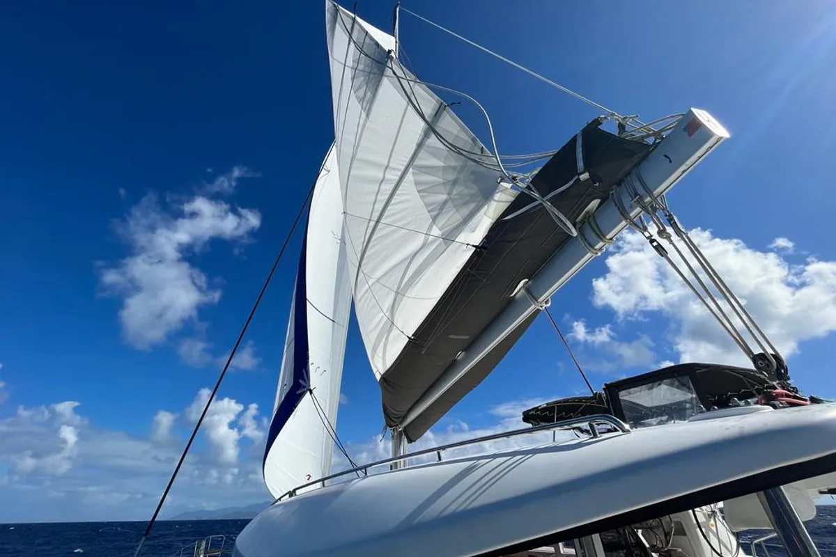 Deck of Belle, a Lagoon 450 Sport catamaran at Alameda, United States