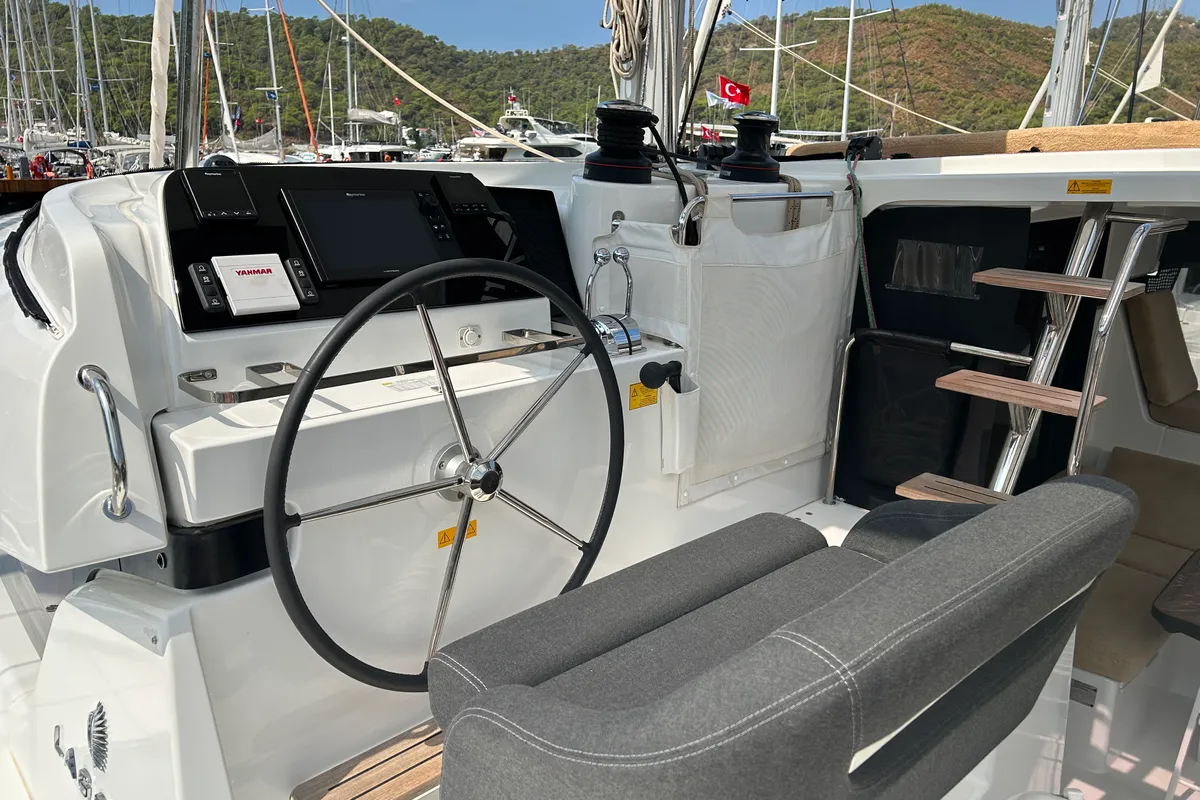 Cockpit of Kami, a Lagoon 42 catamaran at Fethiye, Turkey