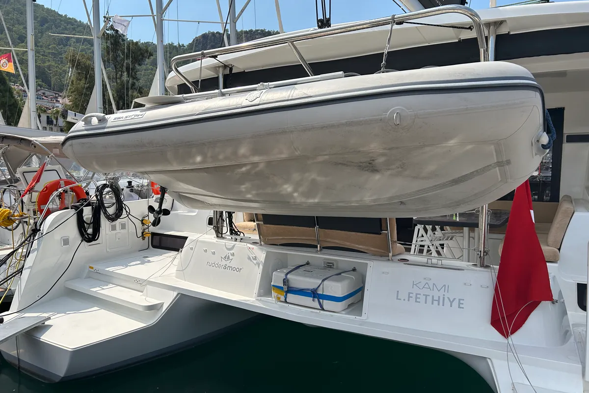 Exterior view of Kami, a Lagoon 42 catamaran at Fethiye, Turkey