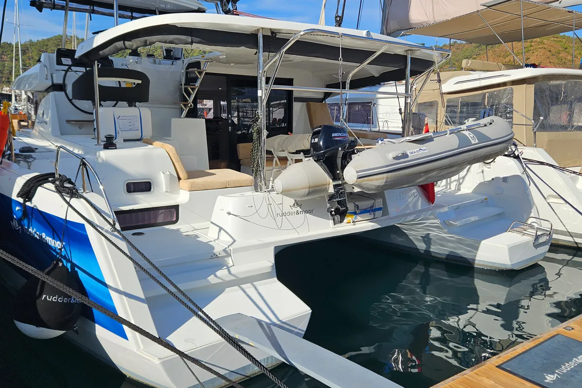 Exterior view of Kami, a Lagoon 42 catamaran at Fethiye, Turkey