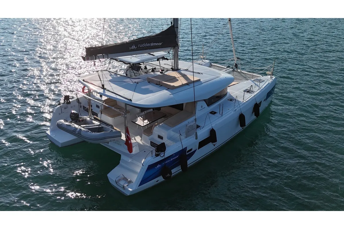 Exterior view of Kami, a Lagoon 42 catamaran at Fethiye, Turkey