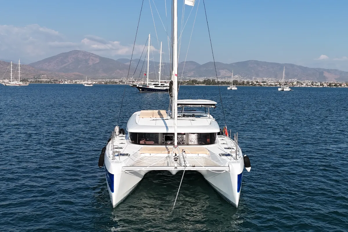 Exterior view of Kami, a Lagoon 42 catamaran at Fethiye, Turkey