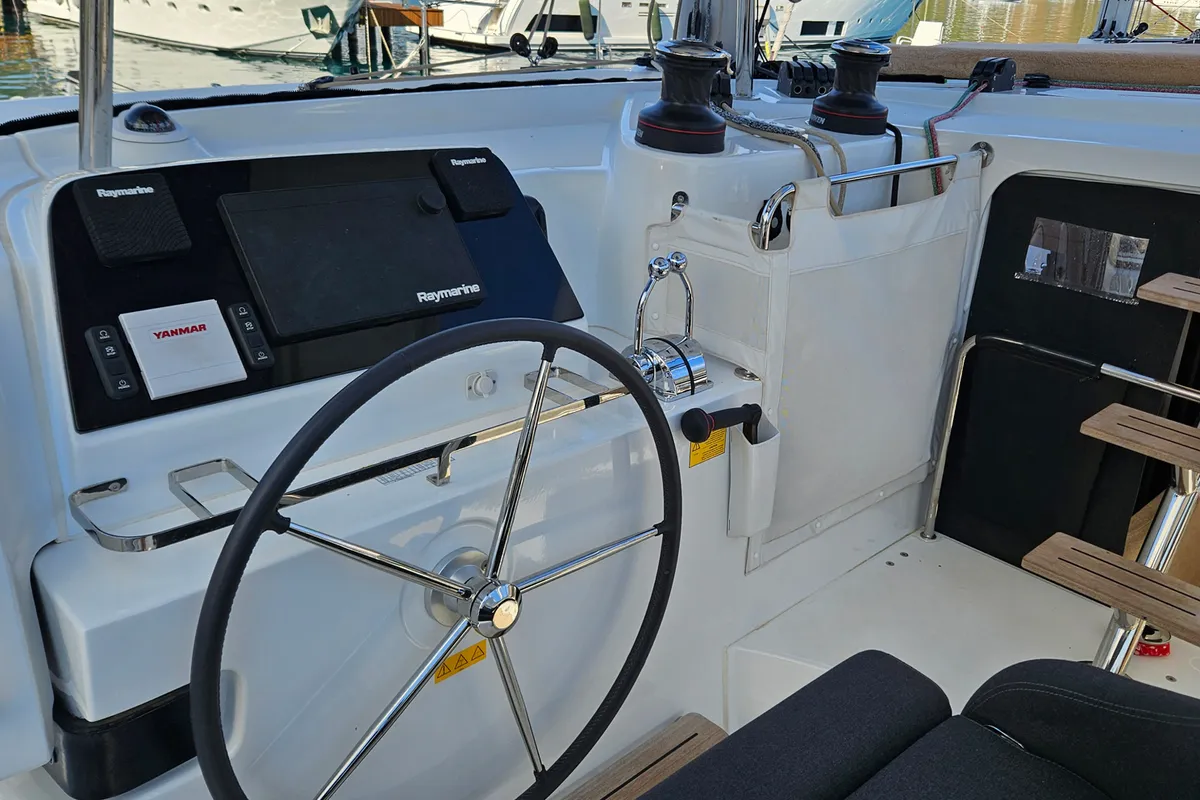 Cockpit of Kami, a Lagoon 42 catamaran at Fethiye, Turkey