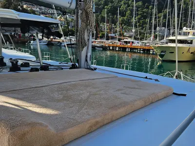 Deck of Kami, a Lagoon 42 catamaran at Fethiye, Turkey