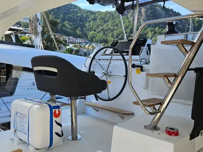 Cockpit of Kami, a Lagoon 42 catamaran at Fethiye, Turkey