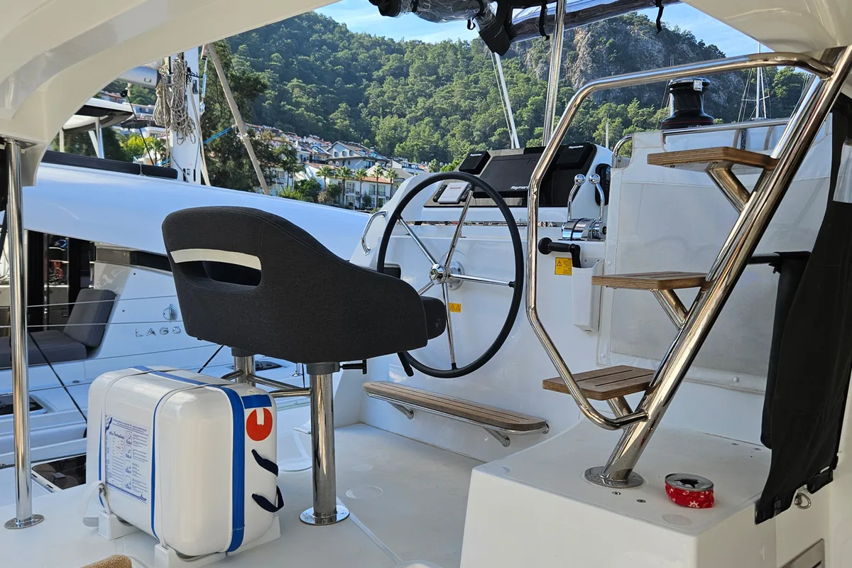 Cockpit of Kami, a Lagoon 42 catamaran at Fethiye, Turkey