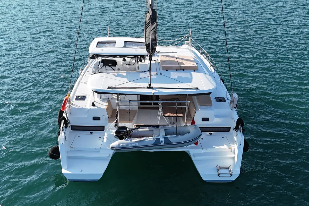 Exterior view of Kami, a Lagoon 42 catamaran at Fethiye, Turkey