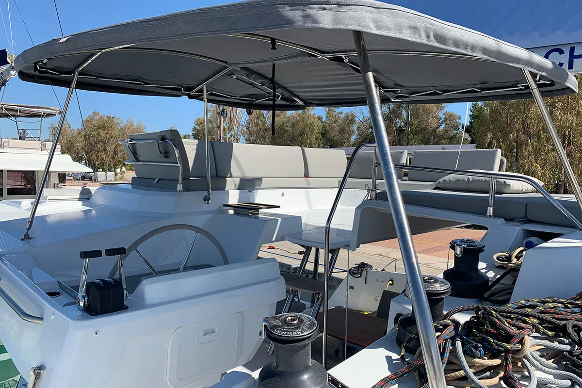 Deck of Nahoa, a Fountaine Pajot Elba 45 catamaran at Athens, Greece