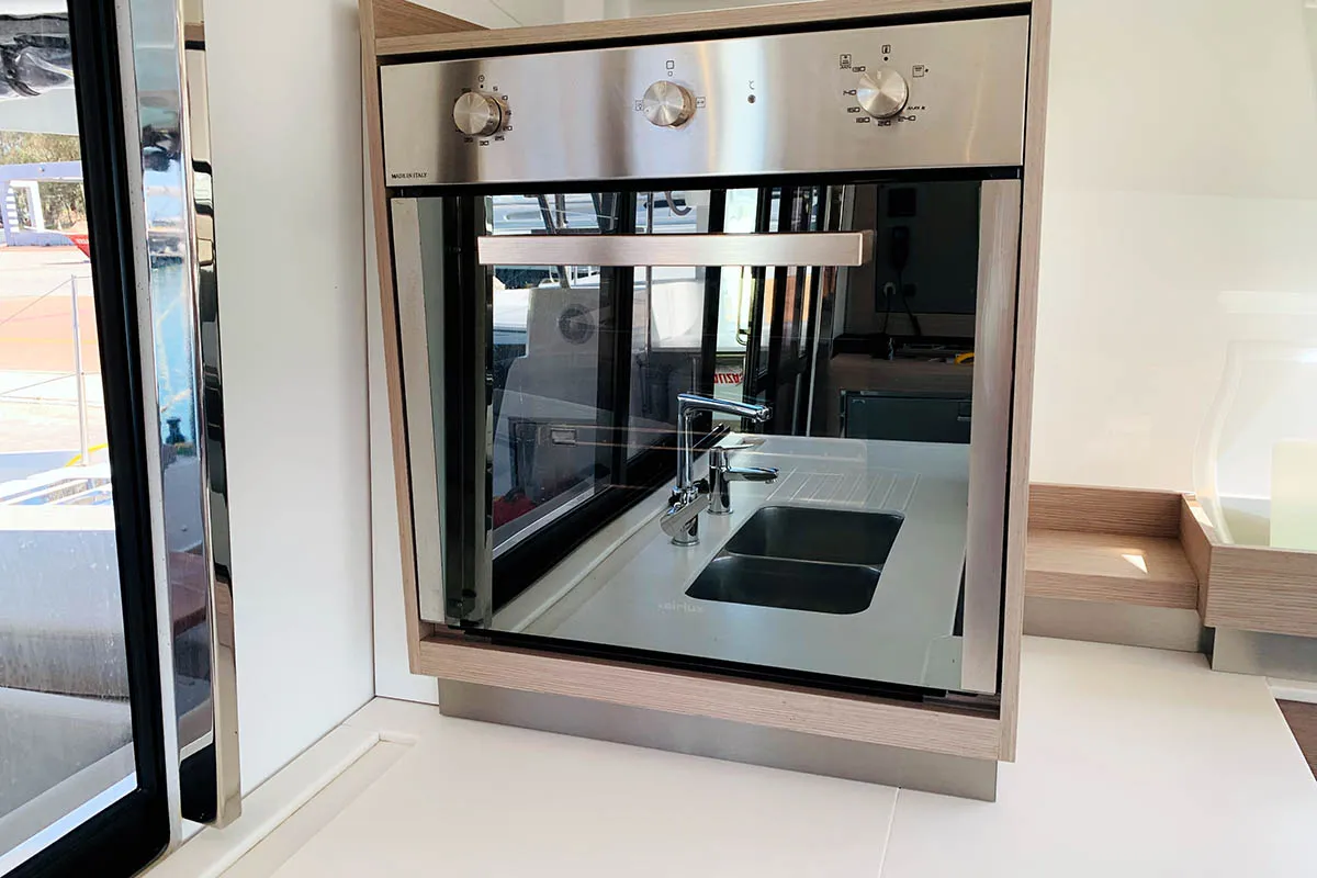 Galley of Nahoa, a Fountaine Pajot Elba 45 catamaran at Athens, Greece