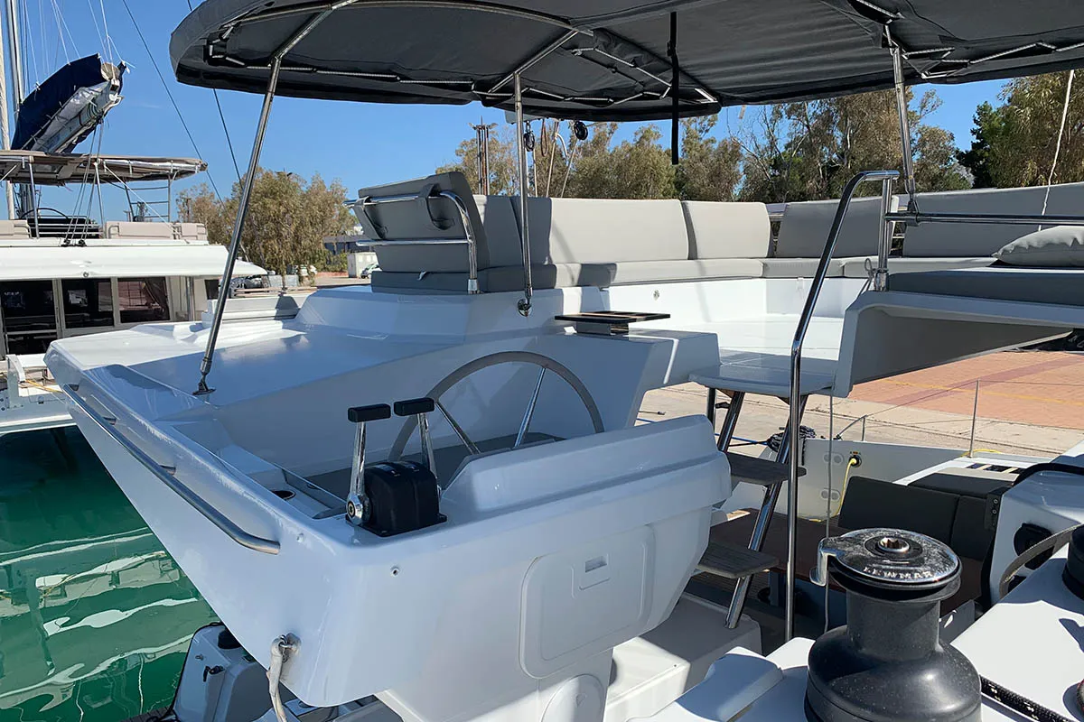 Cockpit of Nahoa, a Fountaine Pajot Elba 45 catamaran at Athens, Greece