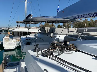 Cockpit of Nahoa, a Fountaine Pajot Elba 45 catamaran at Athens, Greece