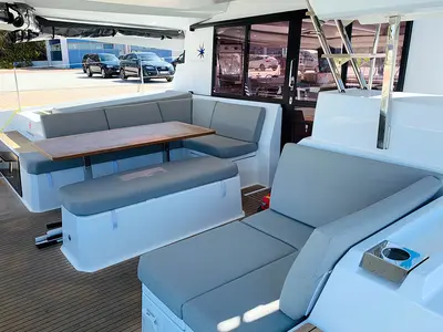 Deck of Nahoa, a Fountaine Pajot Elba 45 catamaran at Athens, Greece