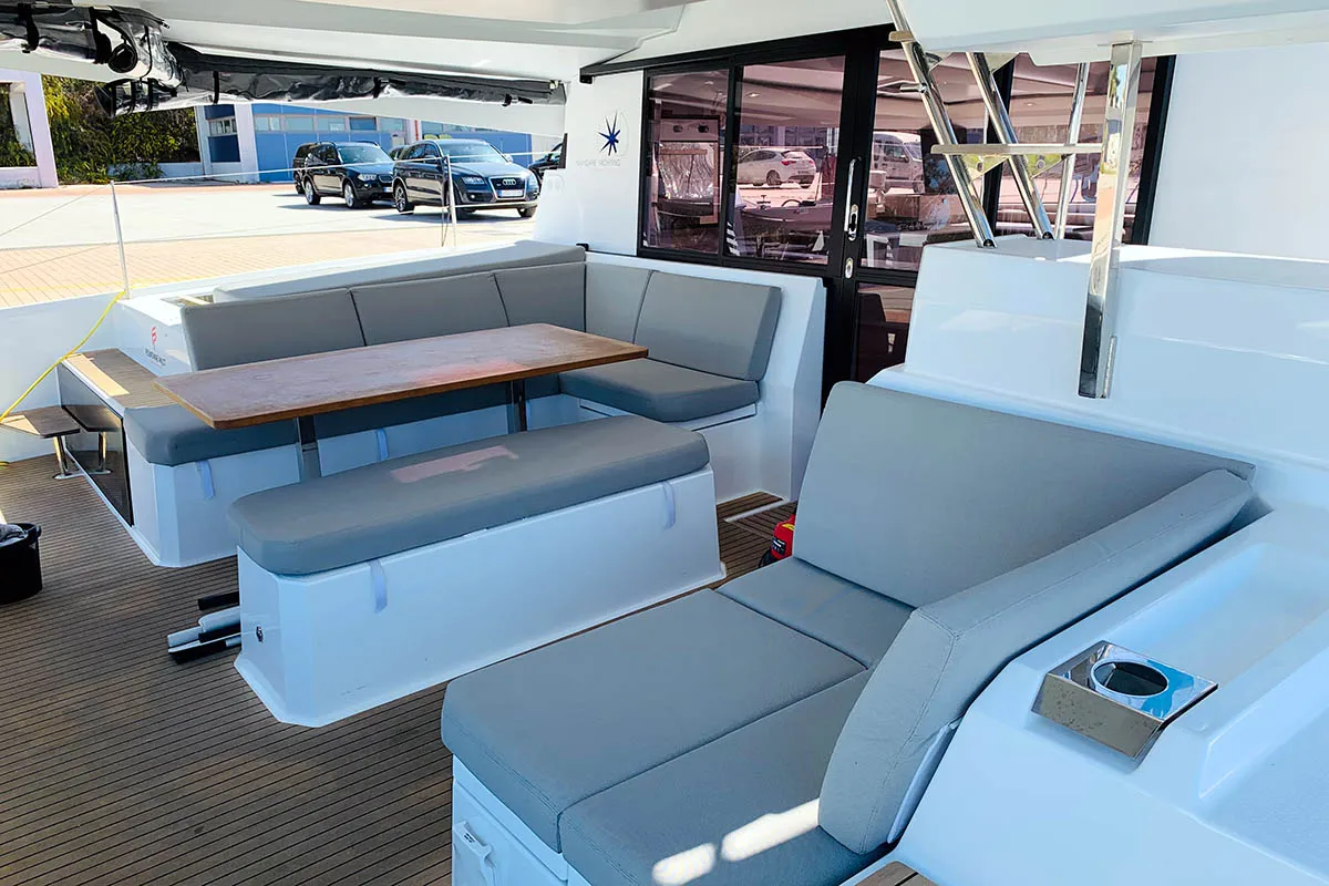 Deck of Nahoa, a Fountaine Pajot Elba 45 catamaran at Athens, Greece