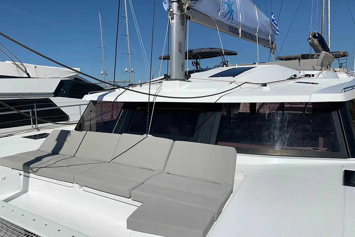 Deck of Nahoa, a Fountaine Pajot Elba 45 catamaran at Athens, Greece