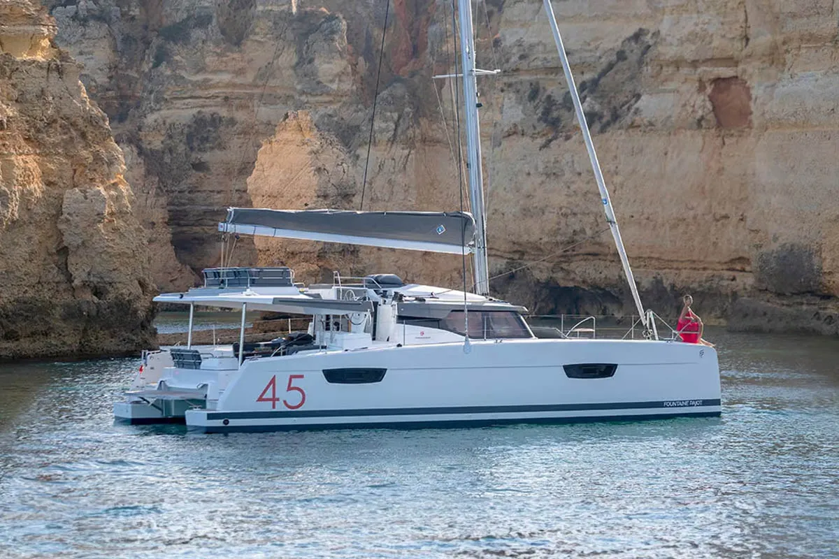 Exterior view of Nahoa, a Fountaine Pajot Elba 45 catamaran at Athens, Greece