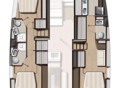 Floor plan of DartAbout, a Bali 4.6 - 3 cab. OW catamaran at Central Abaco, Bahamas