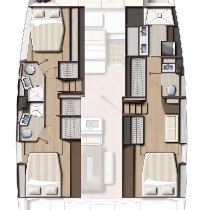 Floor plan of DartAbout, a Bali 4.6 - 3 cab. OW catamaran at Central Abaco, Bahamas