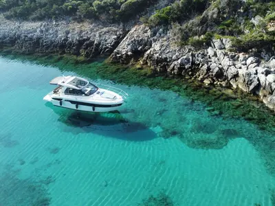 Cockpit of Smiley, a Bavaria 33 Sport HT motorboat at Punat, Croatia