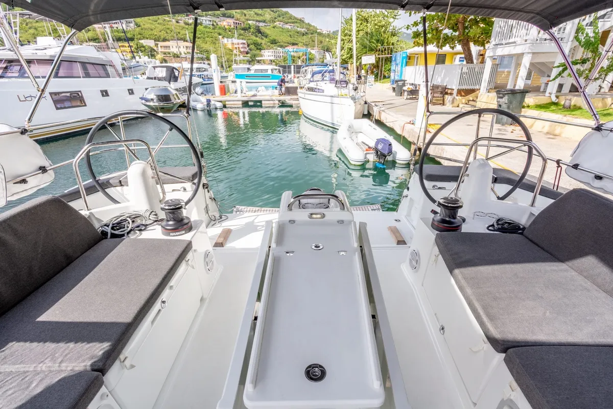 Cockpit of Cosette II, a Jeanneau Sun Odyssey 490 sailboat at Road Town, British Virgin Islands