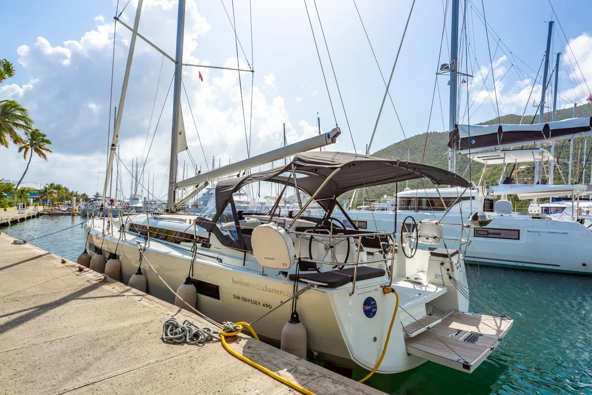 Exterior view of Cosette II, a Jeanneau Sun Odyssey 490 sailboat at Road Town, British Virgin Islands