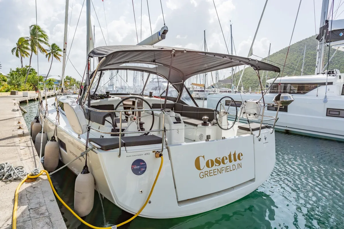 Exterior view of Cosette II, a Jeanneau Sun Odyssey 490 sailboat at Road Town, British Virgin Islands
