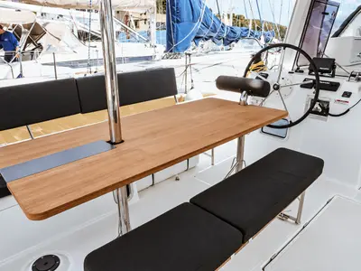 Cockpit of Chandra, a Jeanneau Sun Loft 47 sailboat at Punta Ala, Italy