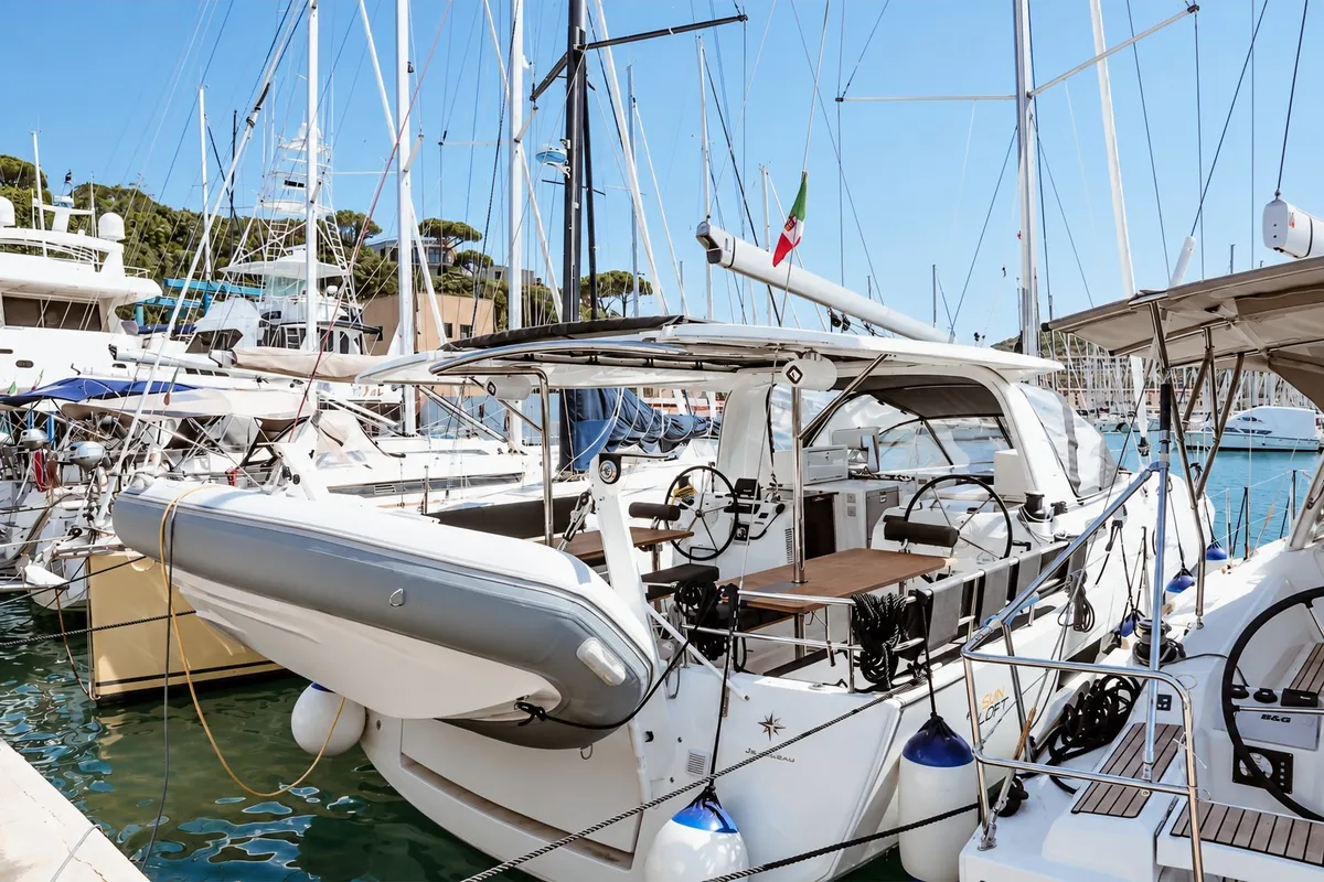 Exterior view of Chandra, a Jeanneau Sun Loft 47 sailboat at Punta Ala, Italy