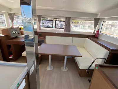 Salon of Felù, a Lagoon 40 catamaran at Capo d'Orlando, Italy