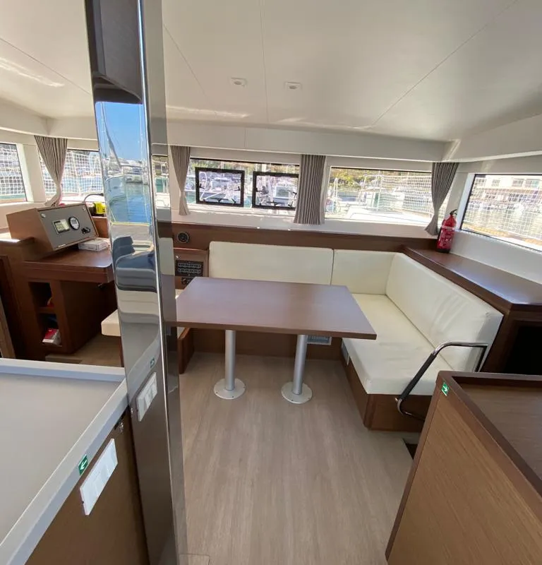 Salon of Felù, a Lagoon 40 catamaran at Capo d'Orlando, Italy