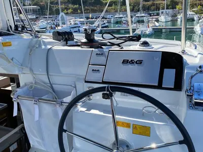 Cockpit of Felù, a Lagoon 40 catamaran at Capo d'Orlando, Italy