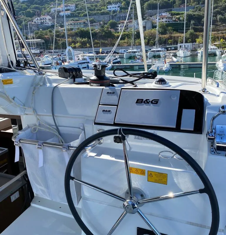 Cockpit of Felù, a Lagoon 40 catamaran at Capo d'Orlando, Italy