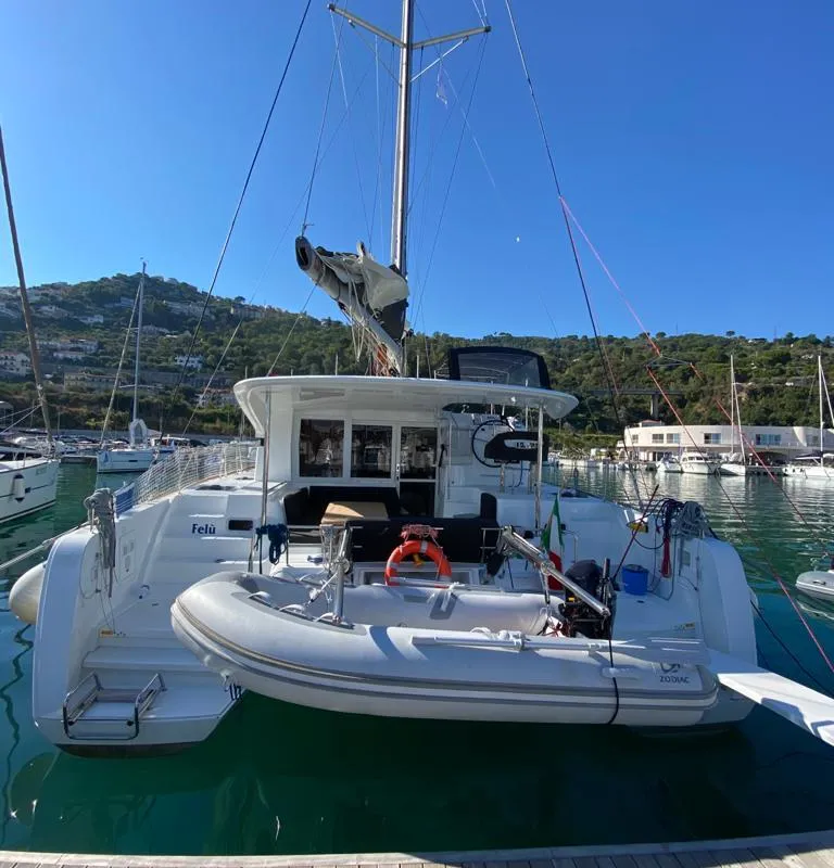 Exterior view of Felù, a Lagoon 40 catamaran at Capo d'Orlando, Italy