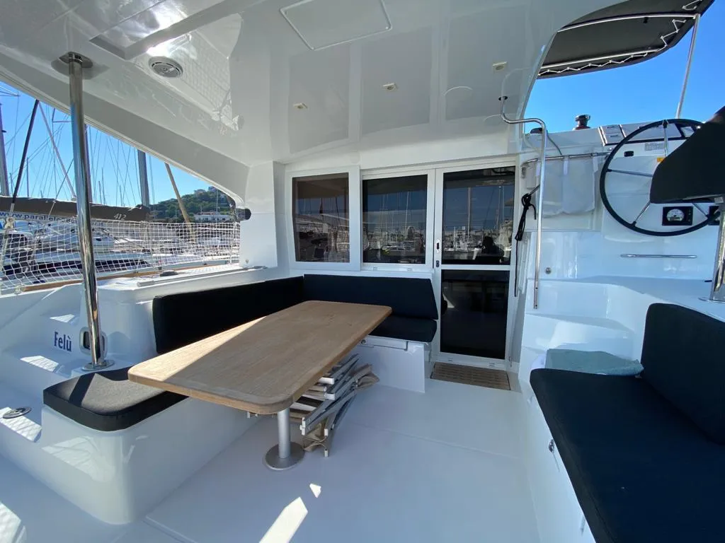 Deck of Felù, a Lagoon 40 catamaran at Capo d'Orlando, Italy