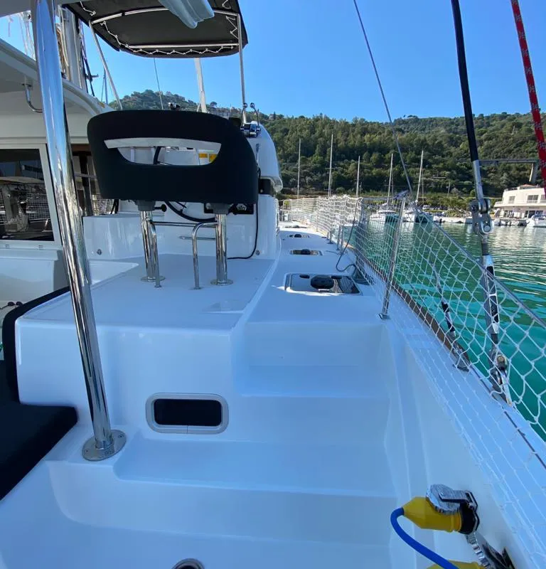 Deck of Felù, a Lagoon 40 catamaran at Capo d'Orlando, Italy