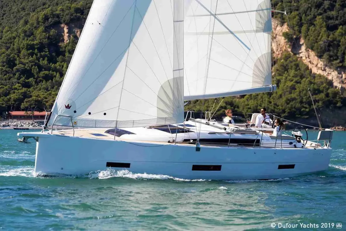 Exterior view of San Luis Blues, a Dufour 430 sailboat at Rodi Garganico, Italy