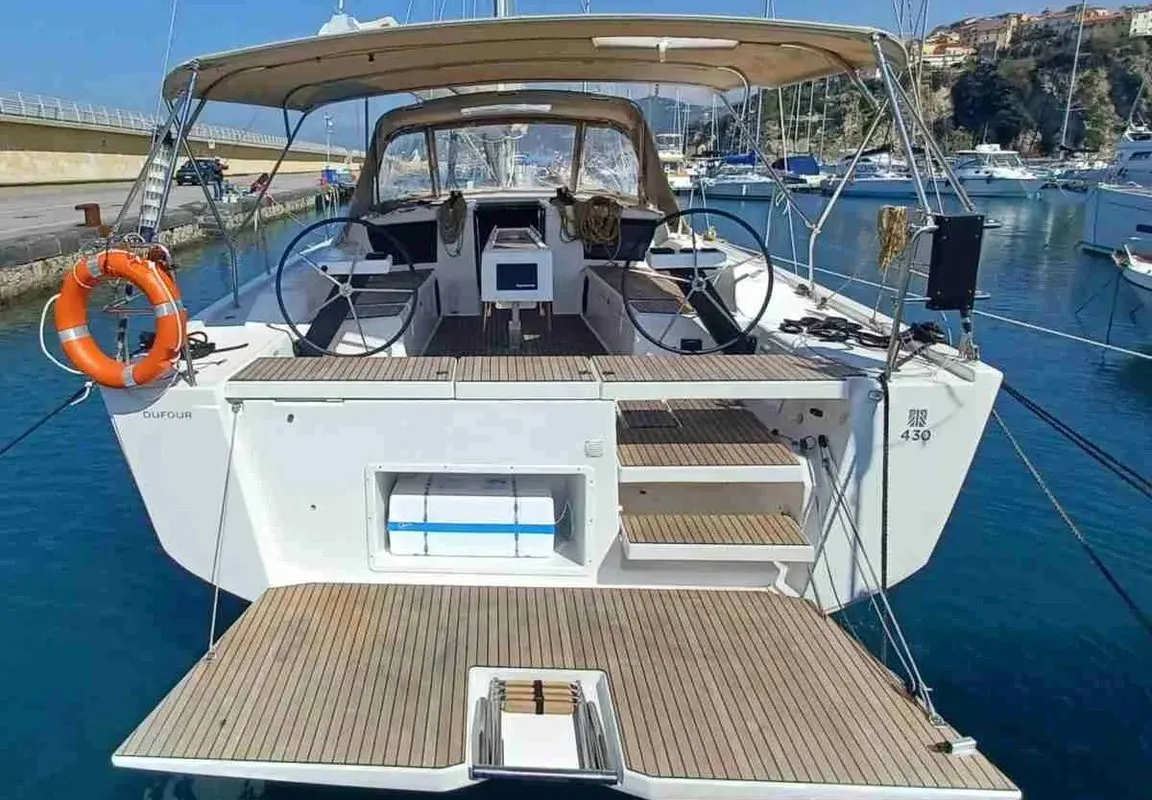 Exterior view of San Luis Blues, a Dufour 430 sailboat at Rodi Garganico, Italy