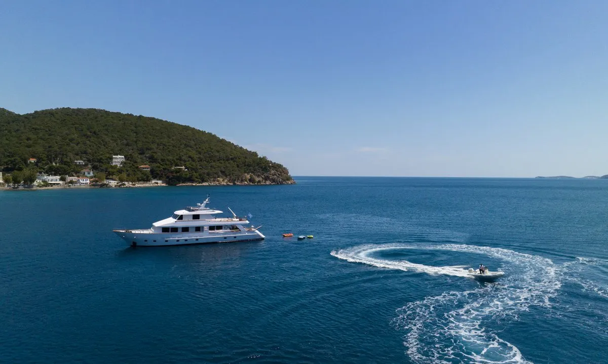 Exterior view of Elena, a Perama Shipyard M/Y Elena motor yacht at Τροκαντερό, Greece