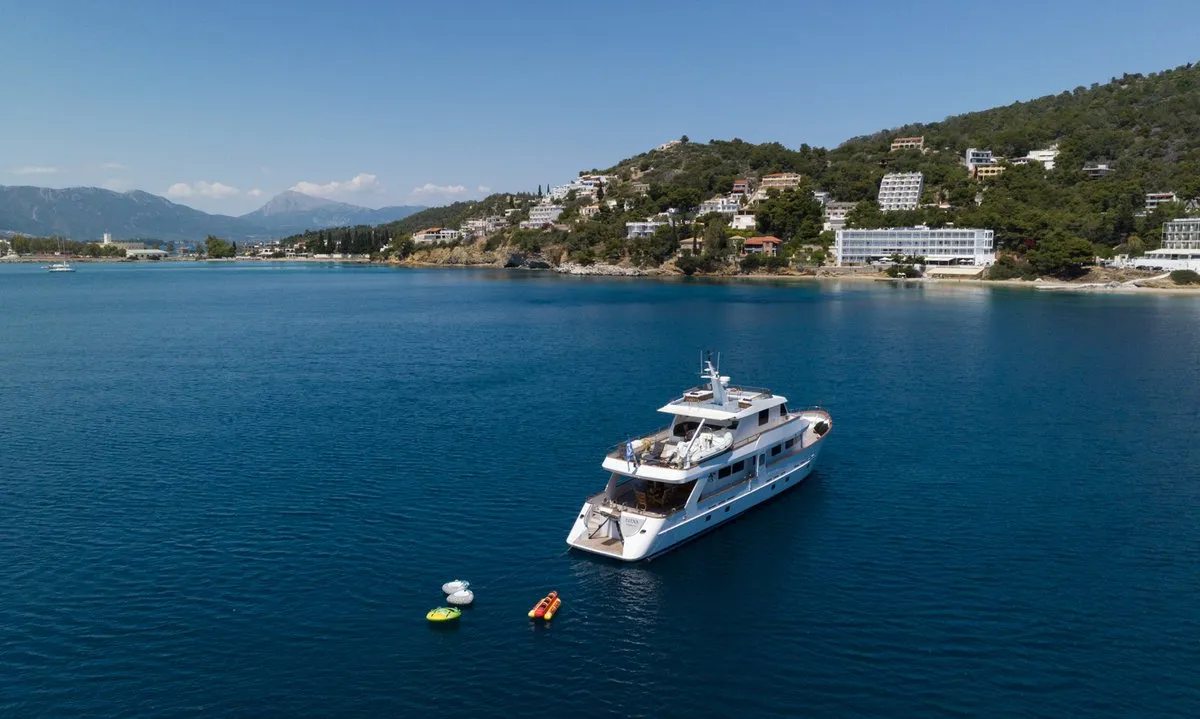 Exterior view of Elena, a Perama Shipyard M/Y Elena motor yacht at Τροκαντερό, Greece