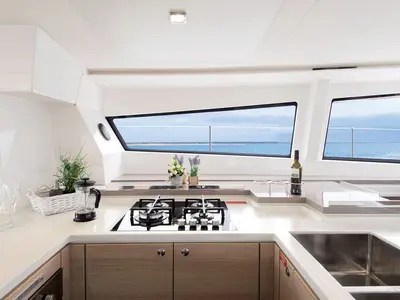 Galley of Ortensia, a Bali 5.4 catamaran at Olbia, Italy