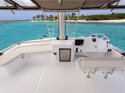 Cockpit of Ortensia, a Bali 5.4 catamaran at Olbia, Italy
