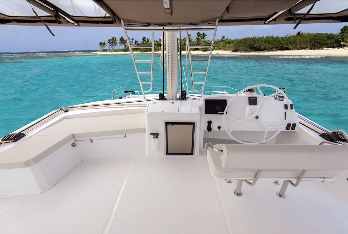 Cockpit of Ortensia, a Bali 5.4 catamaran at Olbia, Italy
