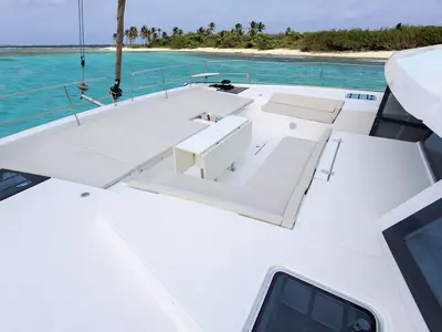 Deck of Ortensia, a Bali 5.4 catamaran at Olbia, Italy