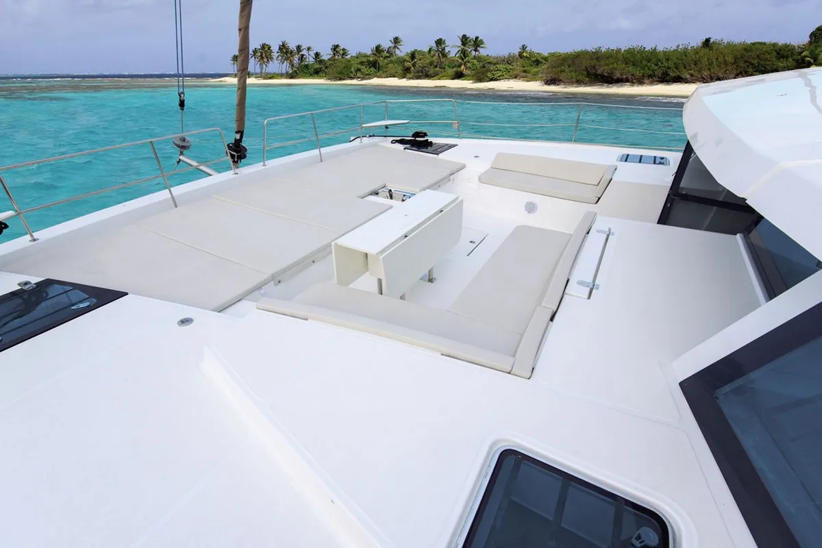 Deck of Ortensia, a Bali 5.4 catamaran at Olbia, Italy