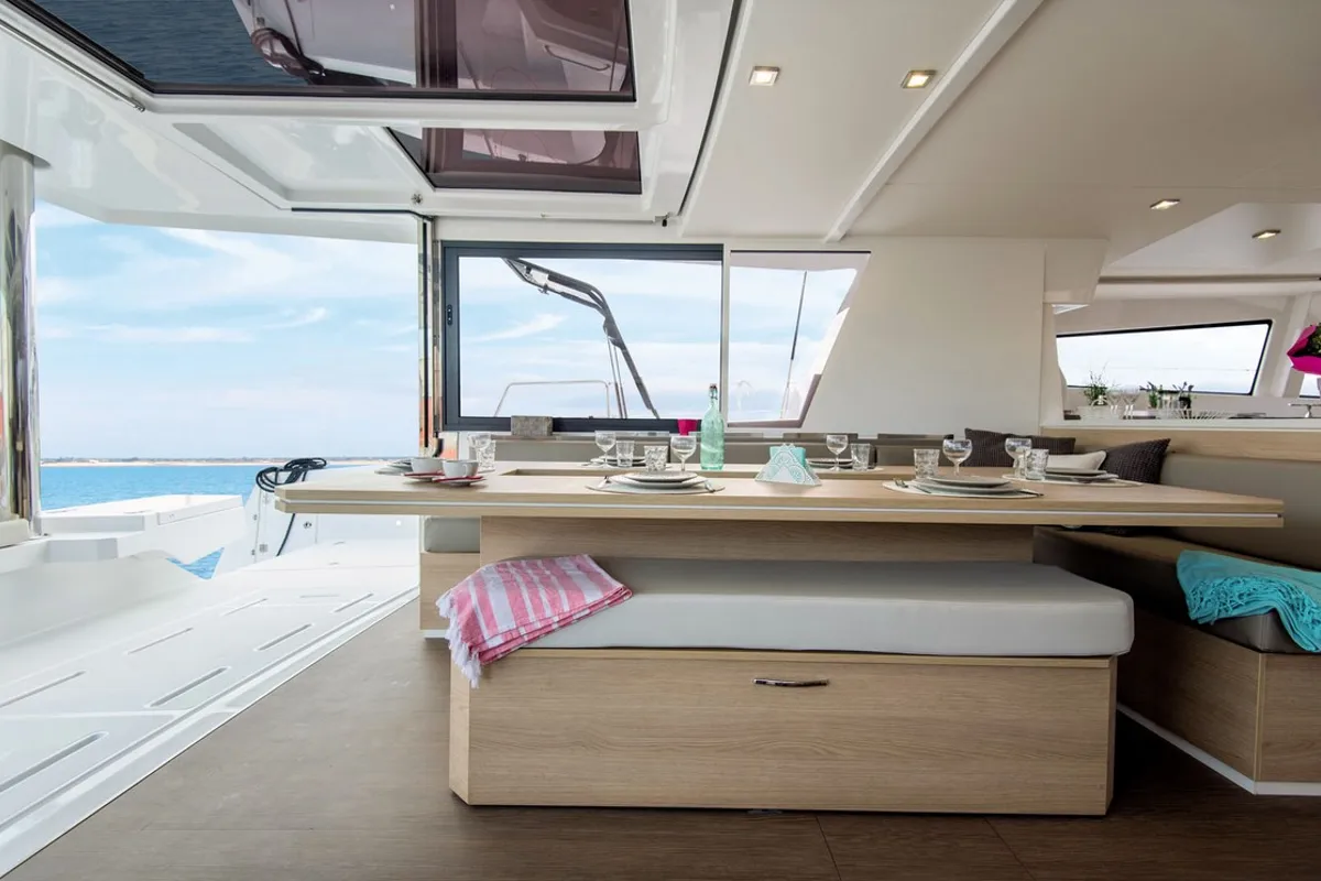Salon of Ortensia, a Bali 5.4 catamaran at Olbia, Italy