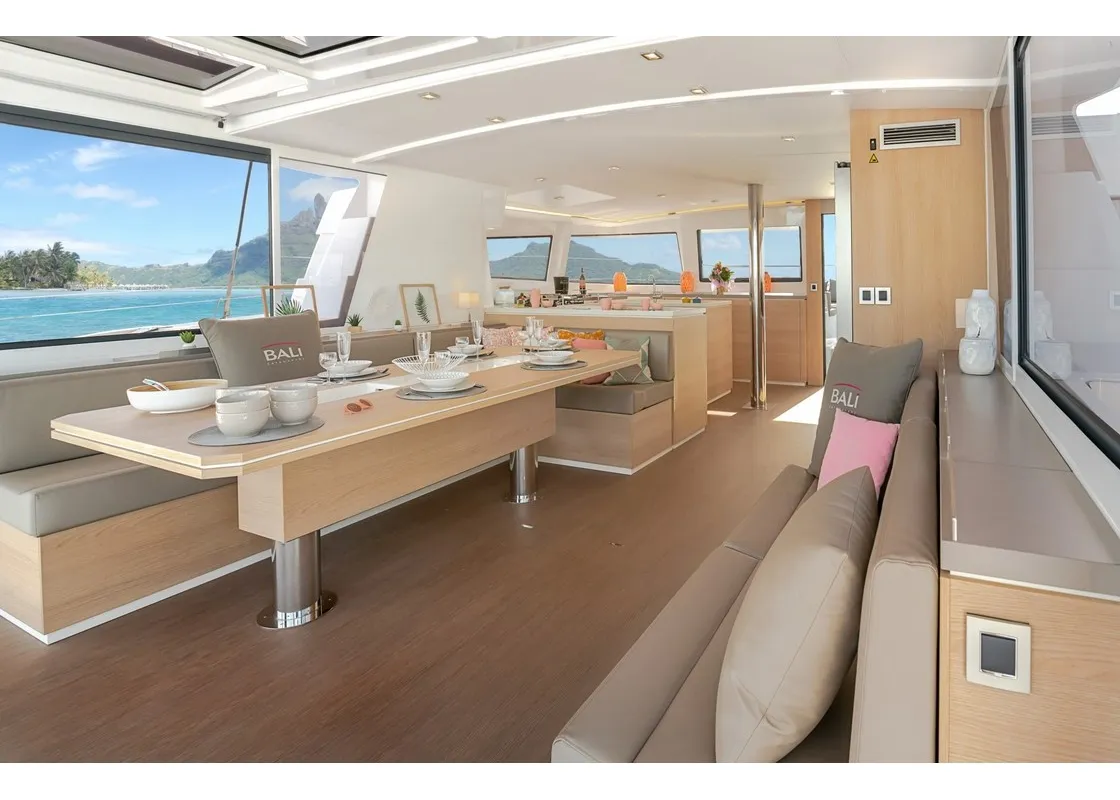 Salon of Ortensia, a Bali 5.4 catamaran at Olbia, Italy